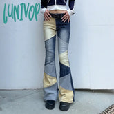 Lunivop Y2K 2000S Womens Blue Jeans Colorblock Flare Pants 90S Vintage Denim Trousers Streetwear